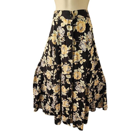 Vintage Blue 80s Full Circle Midi Skirt Jr Sz 7 Black Yellow Floral Button Front - Picture 1 of 6